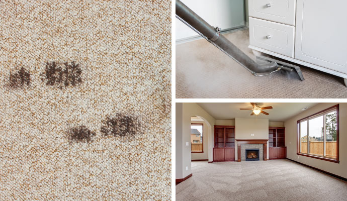 collage of stain on carpet, cleaning carpet and clean carpet