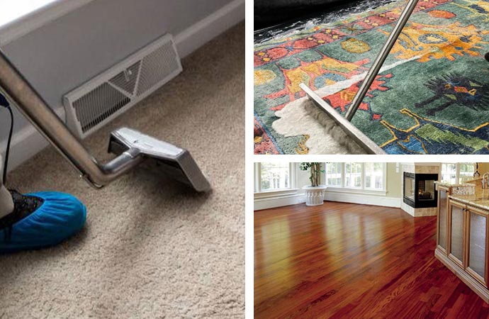 Cleaning equipment being used on a carpet rug on a wood floor.