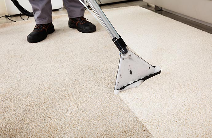 Worker cleaning carpet with shampoo in Elicott city