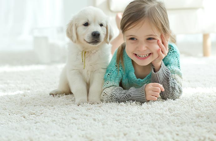 child and dog on carpet