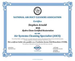 Stephen Arnold's Certification from National Air Duct Cleaners Association