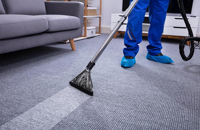 Professional worker cleaning carpet