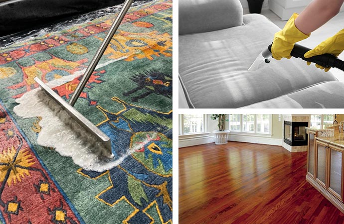 Comprehensive cleaning service for rugs, upholstery, and wood floors.
