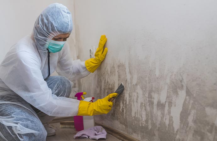 Worker removing mold from white wall